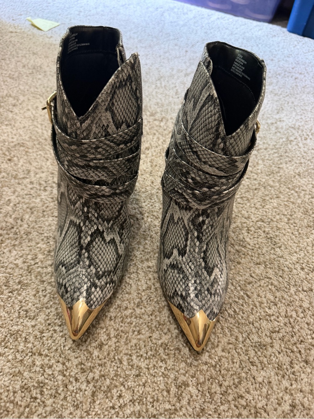 Stevies Gray Snake-Print Pointed Ankle Boots with Gold Toe